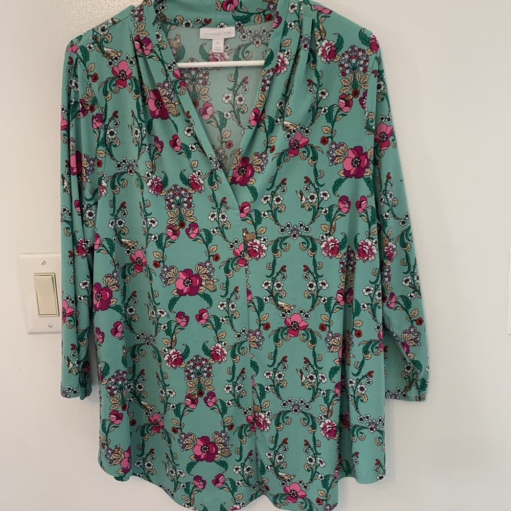 Charter Club Womens XL Floral Animal Print V-Neck Blouse Green Pink 3/4 Sleeve